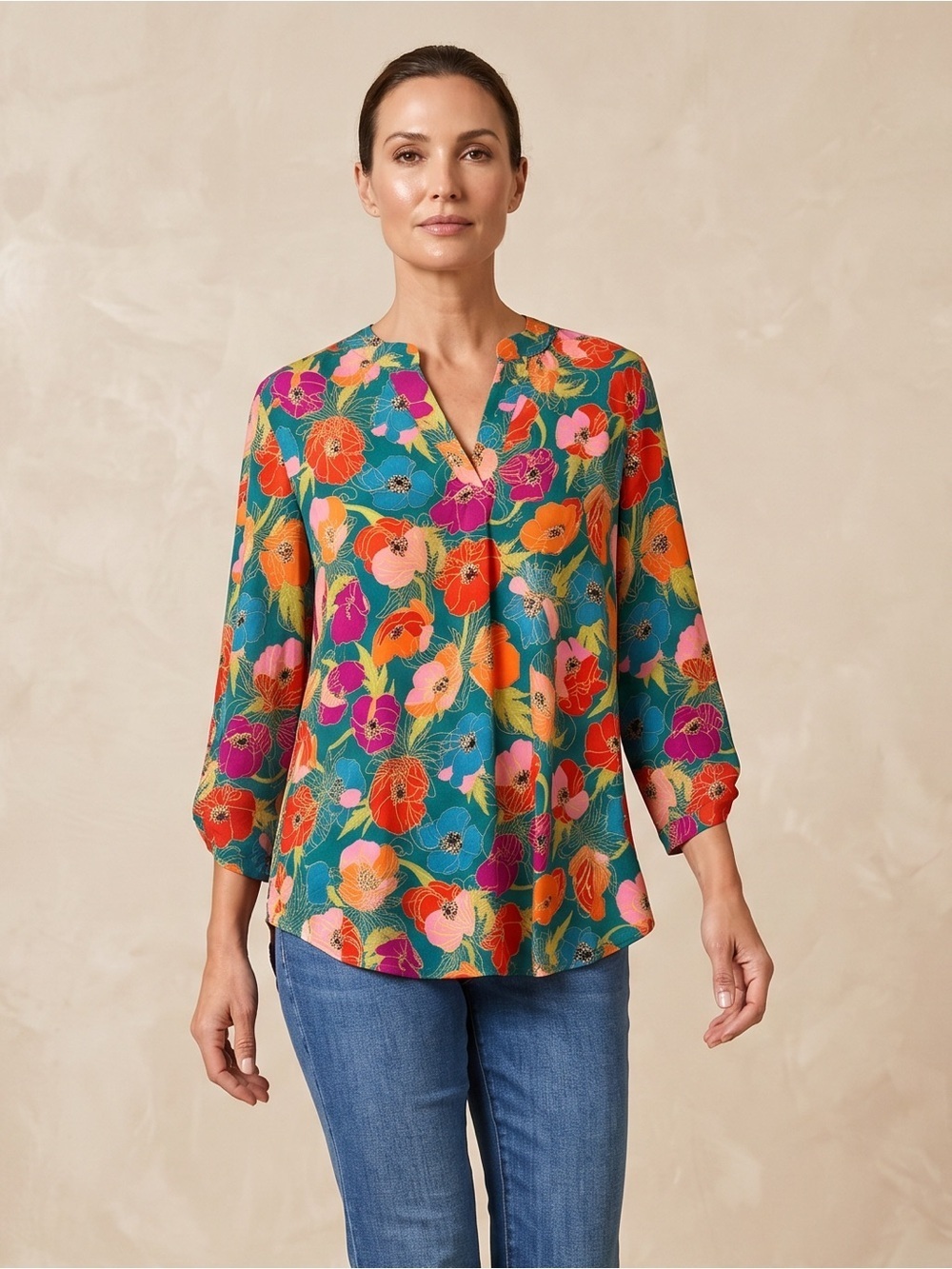 Dear Scarlett Vibrant Floral V-Neck Blouse With Rich Teal & Bold Multi Colors